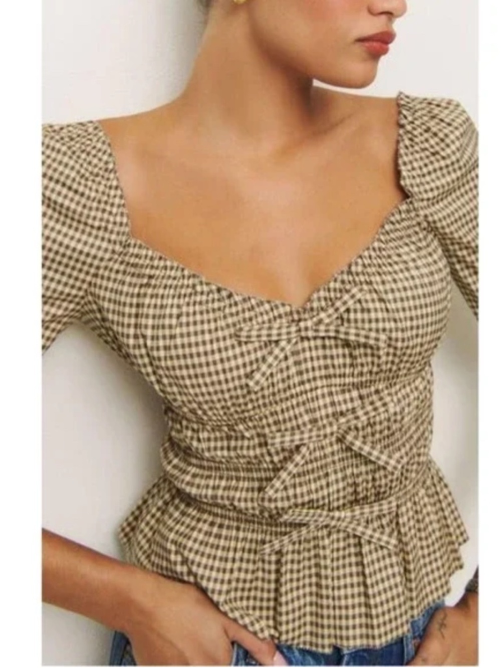 Reformation Beige Gingham Peplum Puff Sleeve Blouse - Picture 2 of 9